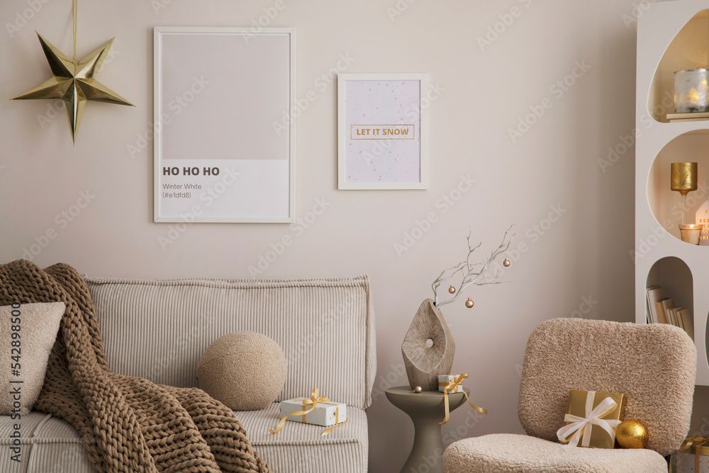 Domestic and cozy christmas living room interior