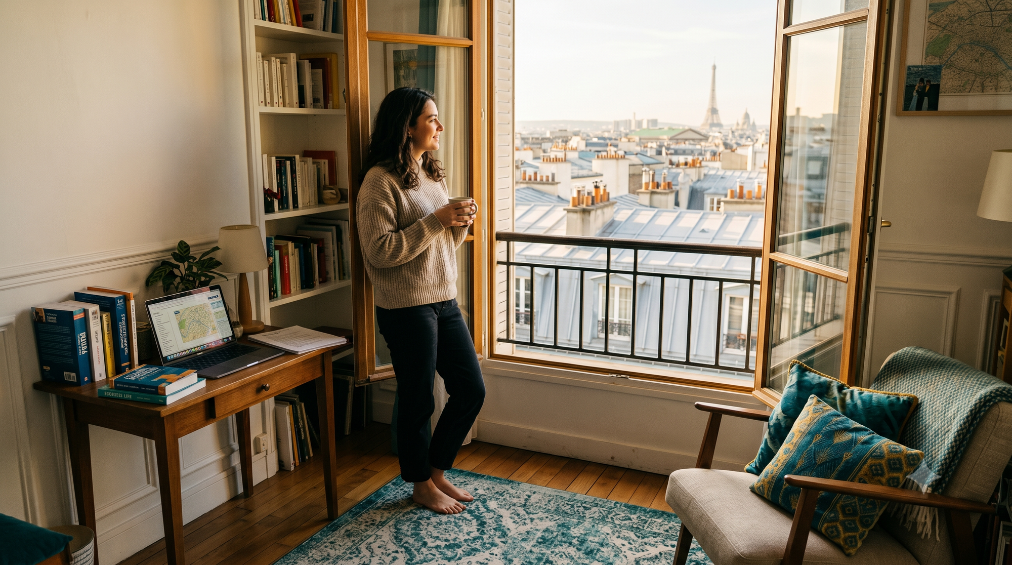 Studentessa in un accogliente appartamento per studenti a Parigi