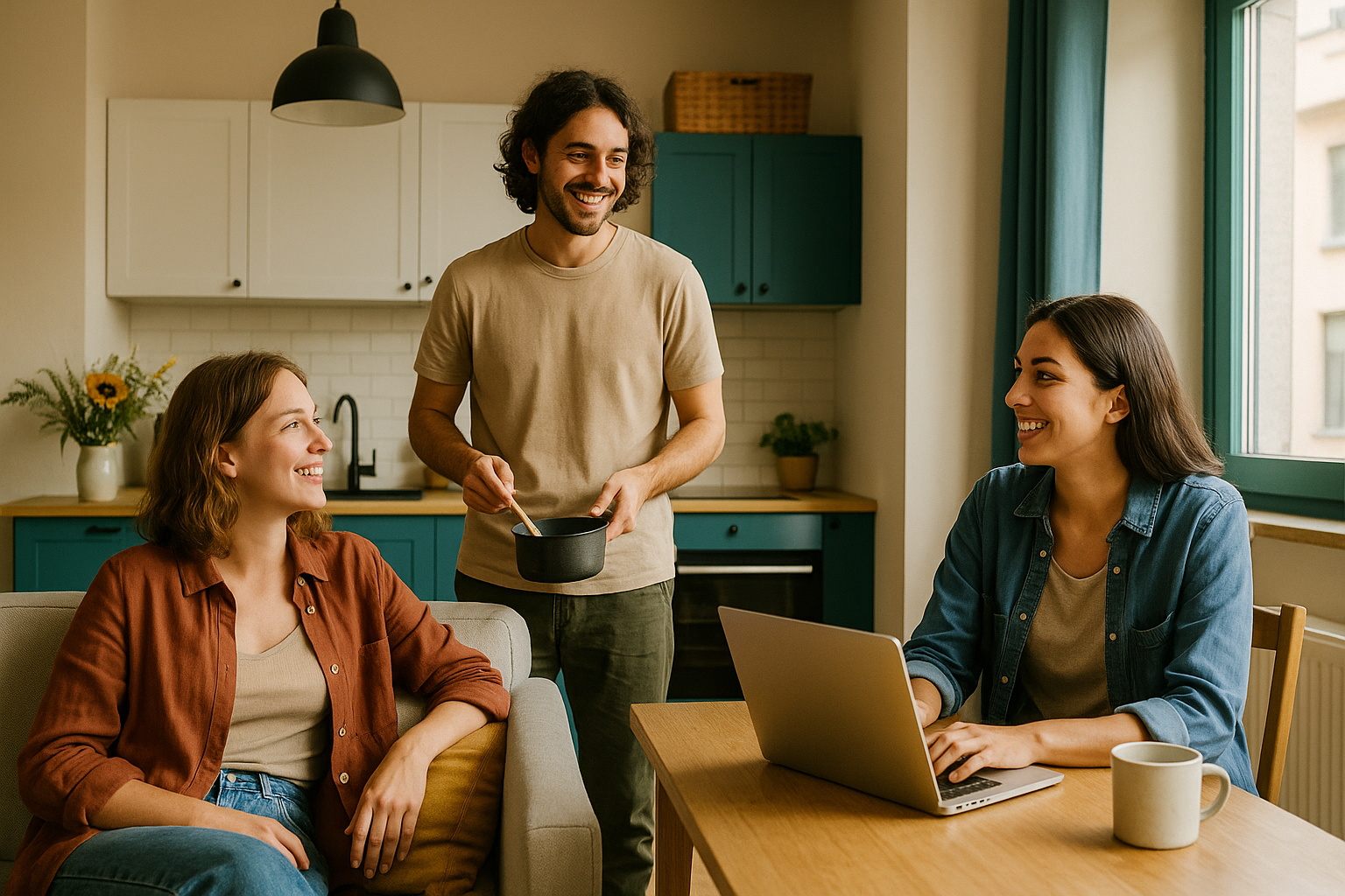 Tre persone diverse sorridono mentre chiacchierano in una cucina luminosa e moderna.