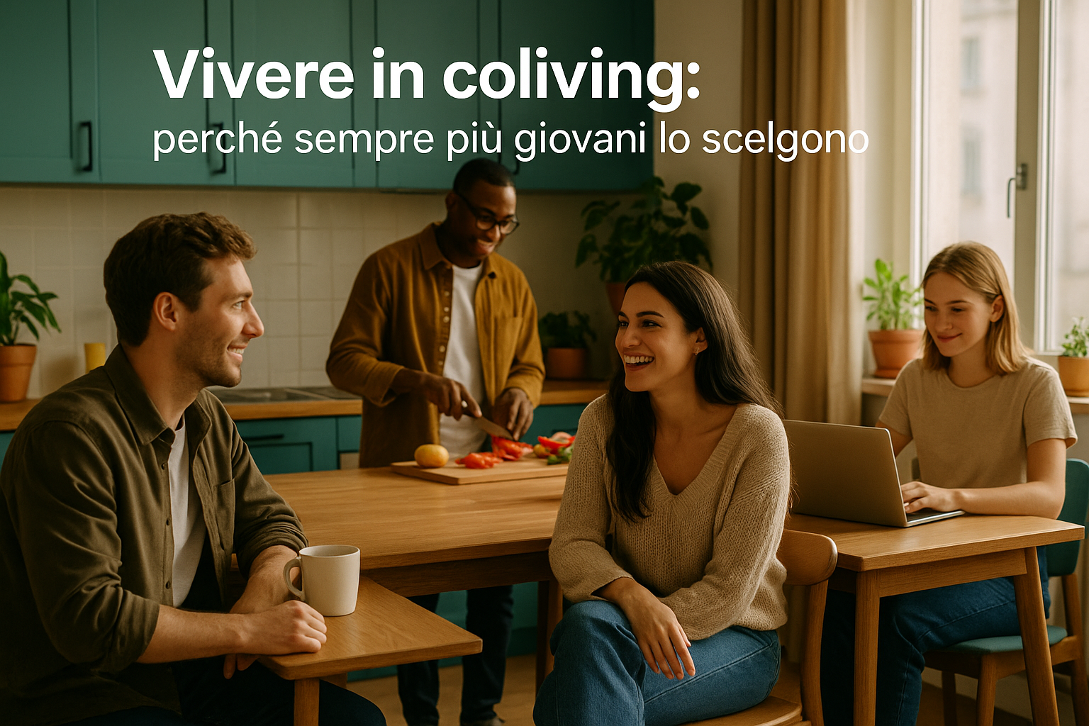 Giovani seduti in un luminoso spazio comune moderno, condividono idee e lavorano insieme su diversi dispositivi.