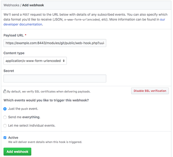 Screenhost of the Github page for adding a new webhook for triggering Plesk