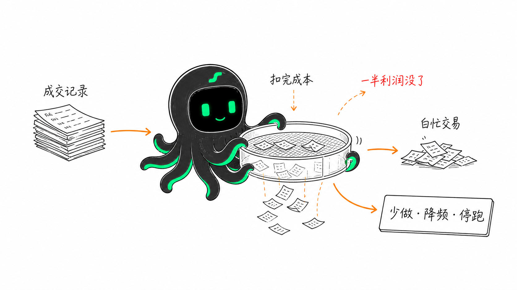 EdgePilot 八爪鱼筛选成交记录，找出手续费侵蚀和白忙交易，并给出少做、降频或停跑的决定