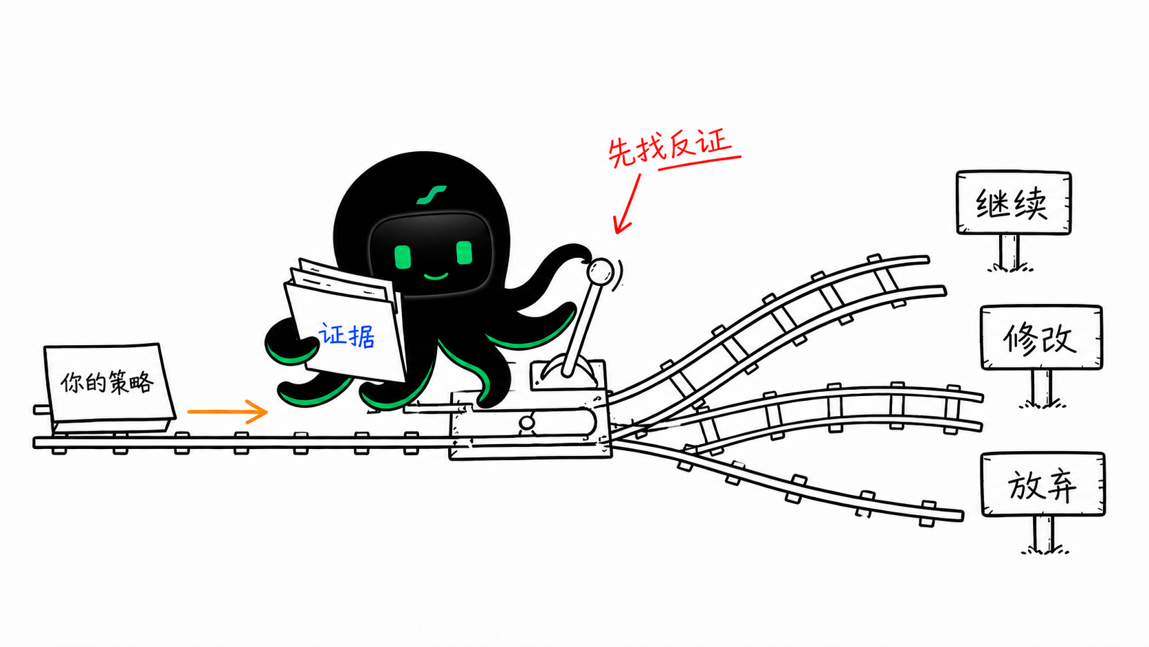 EdgePilot 将用户策略想法经过证据和压力测试后分流为继续、修改或放弃三种决定