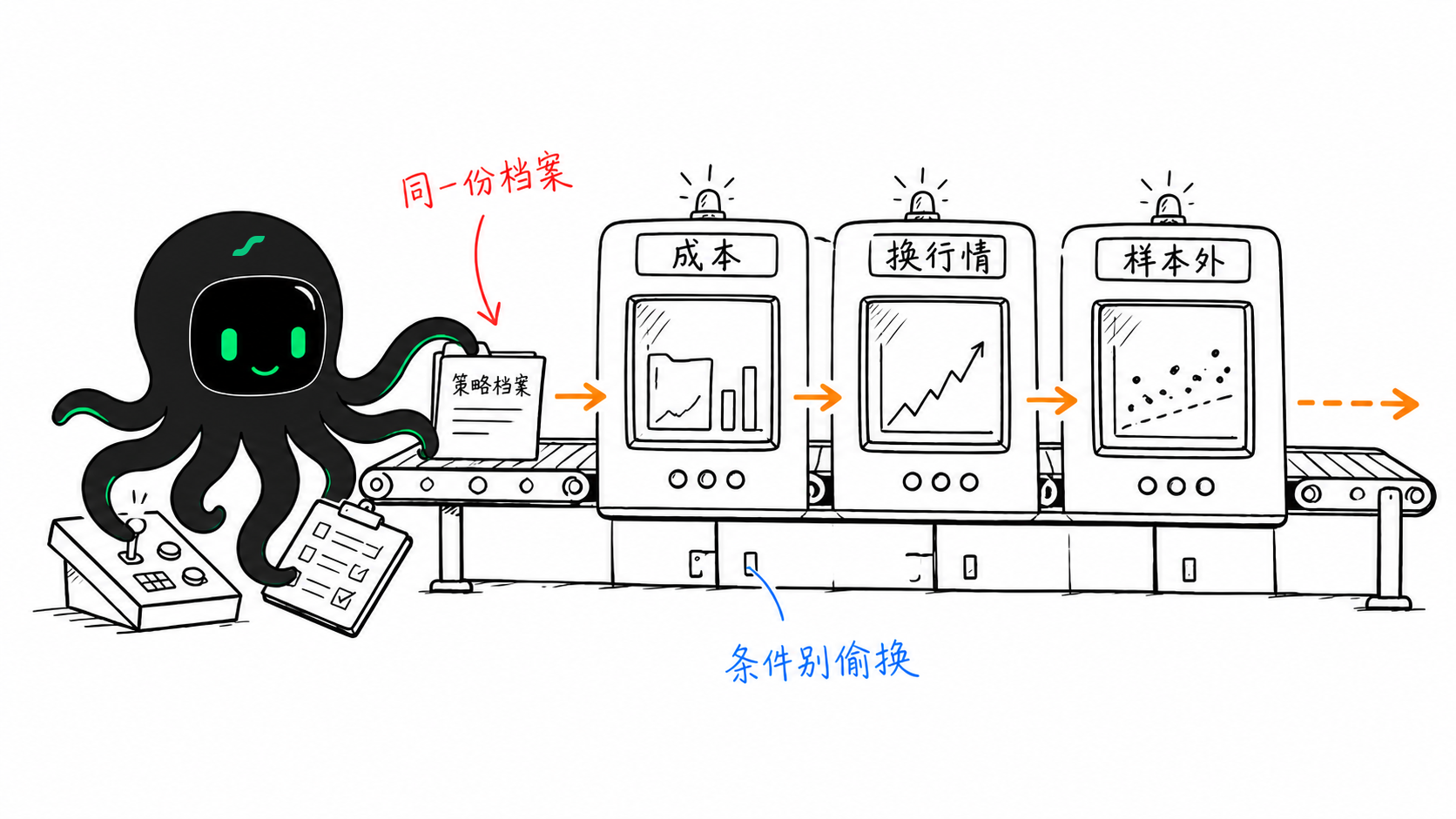 EdgePilot 八爪鱼机器人把同一份策略档案依次送过成本、换行情和样本外三道检查
