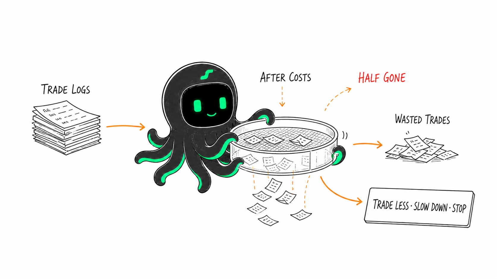One black EdgePilot Octobot filters trade logs to expose wasted trades and turn fee loss into a trade less, slow down, or stop decision.