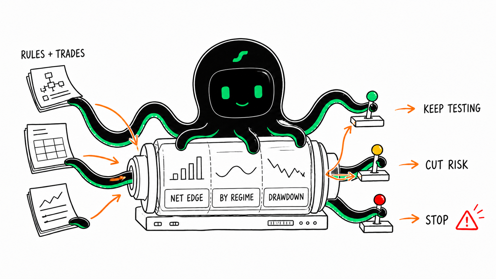 EdgePilot Research turns strategy rules and trade records into a decision to keep testing, reduce risk, or stop