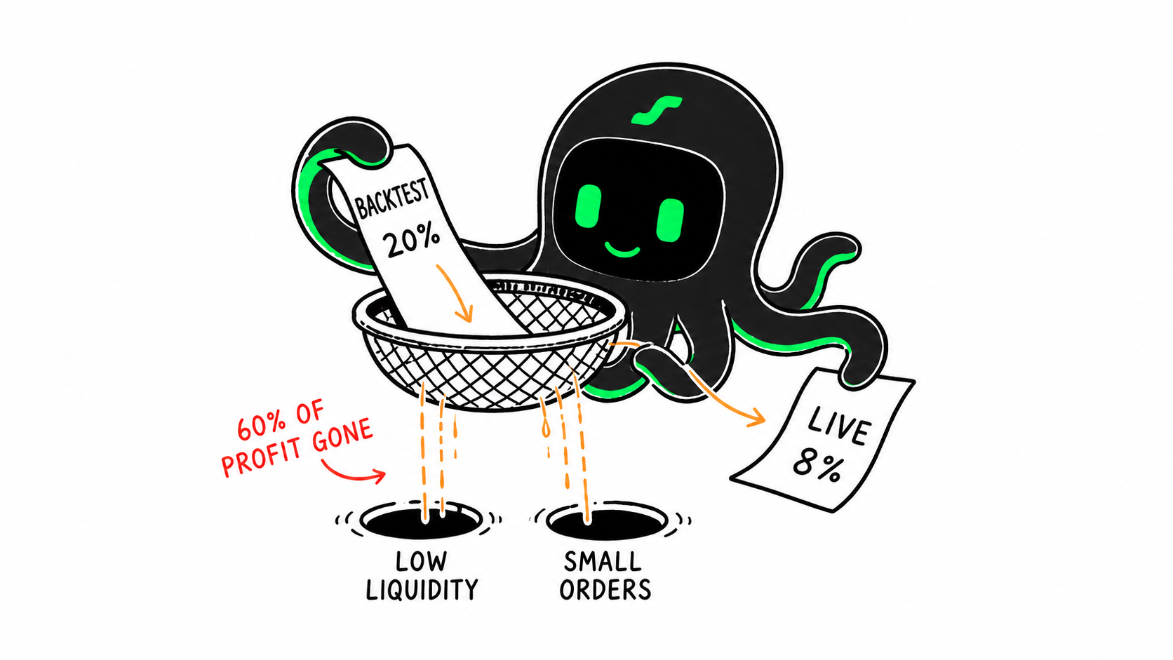 One black EdgePilot Octobot filters a 20 percent backtest into an 8 percent live result and shows profit lost to low liquidity and small orders.