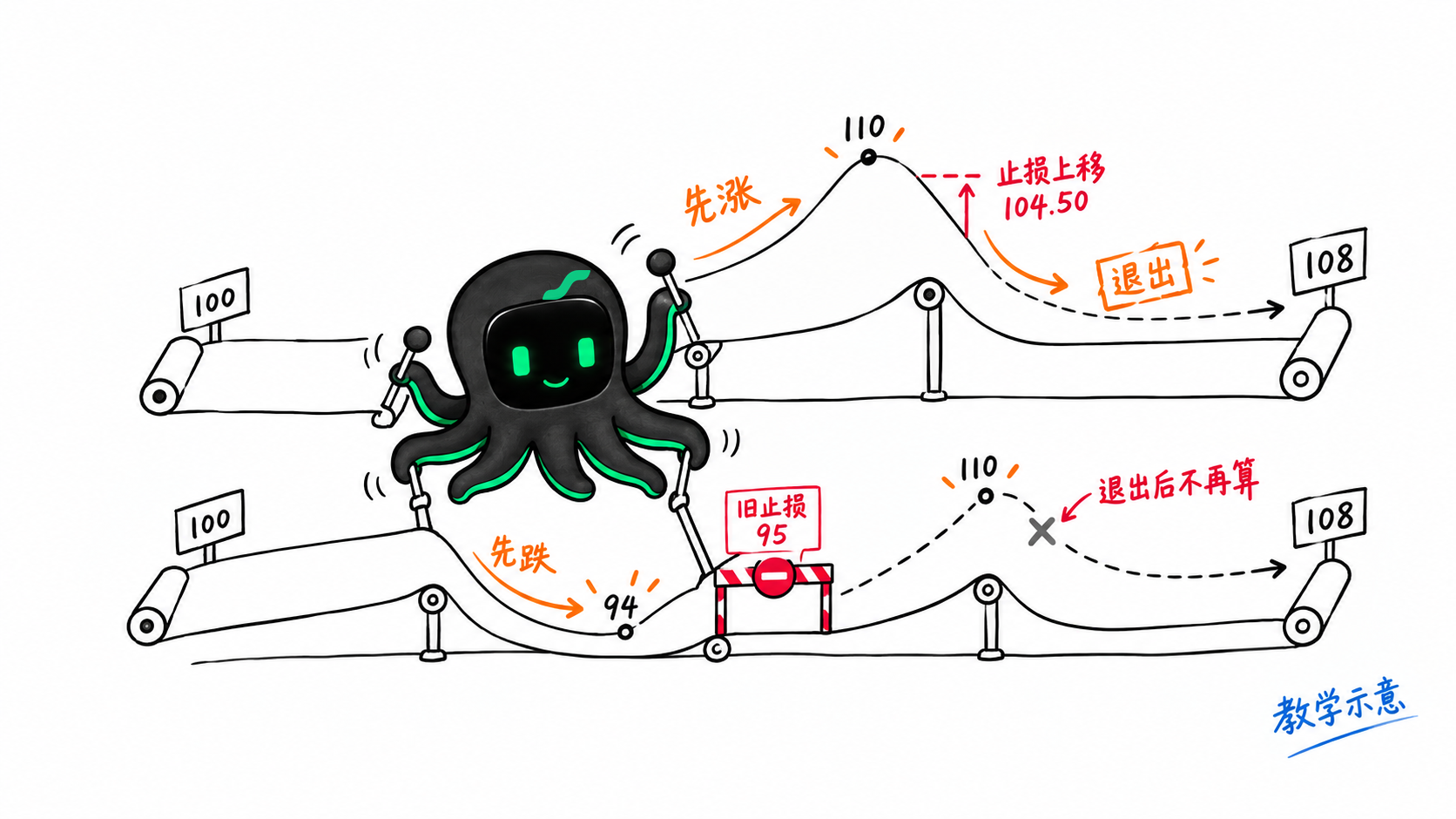 Pilo展示同一根K线两种盘中价格路径对应不同追踪止损退出价