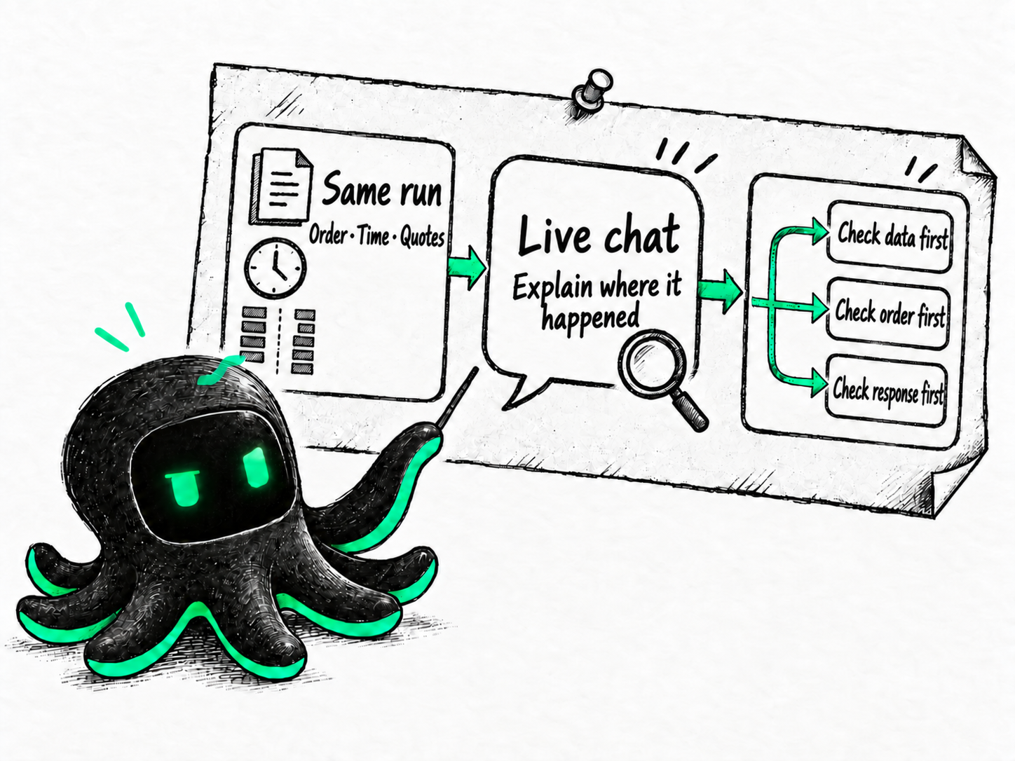 Hand-drawn Octobot connecting one run's order, time, and quote records to a Live conversation that helps choose whether to inspect data, order submission, or the response first.