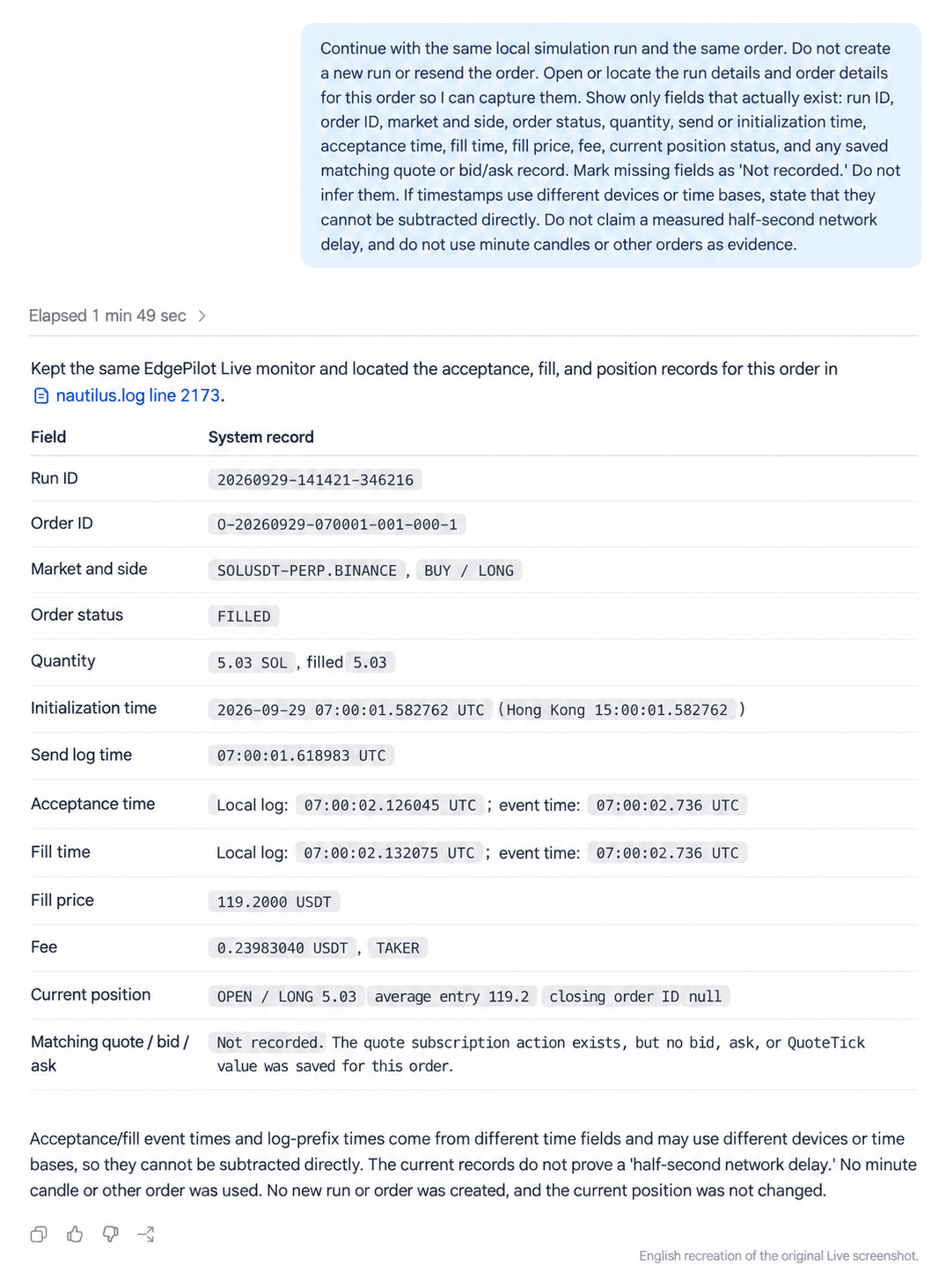 English recreation of EdgePilot Live order details showing the same run ID, order status, timestamps, fill price, fee, open position, and missing bid/ask snapshot.