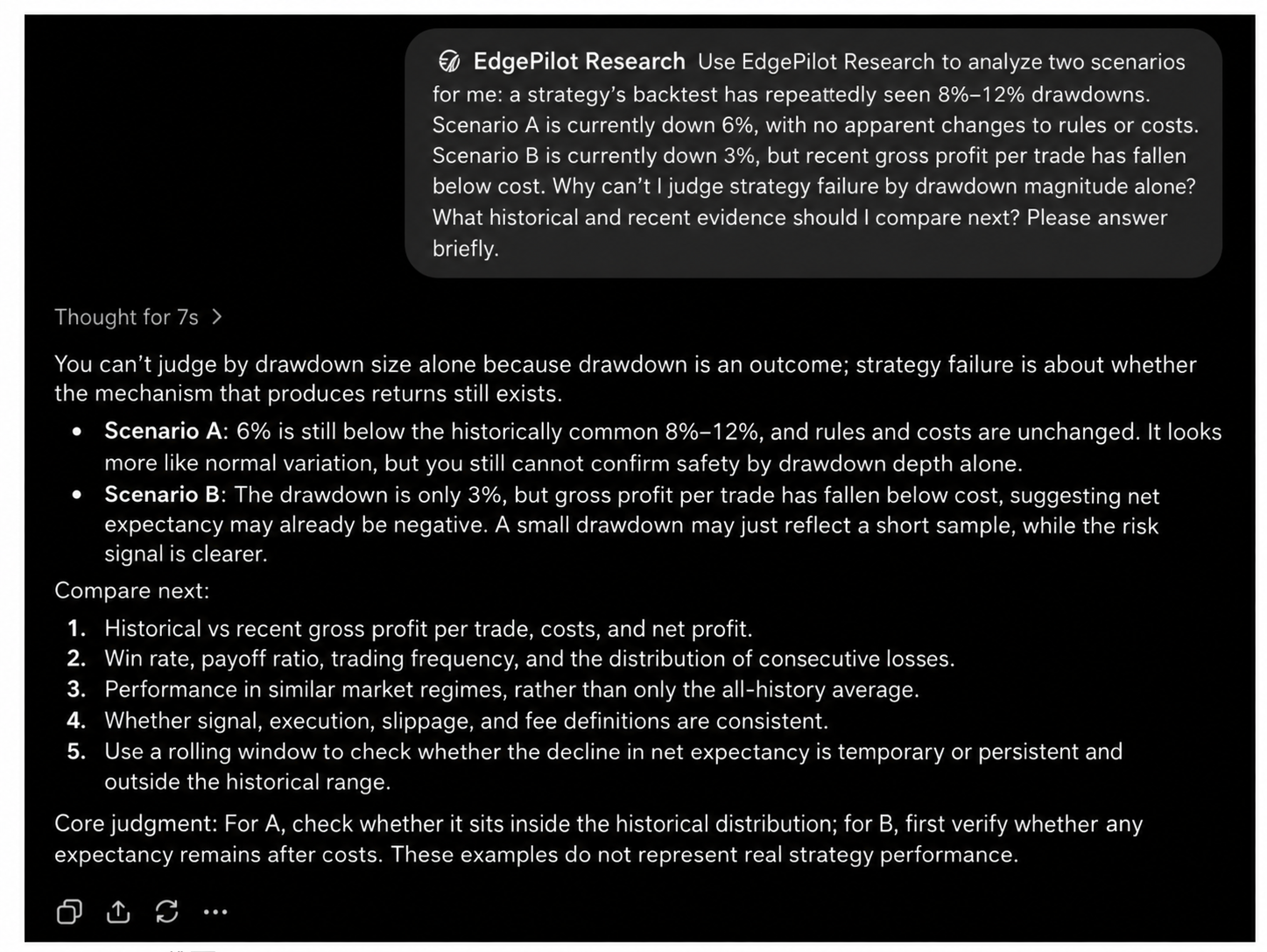 EdgePilot Research conversation comparing 6% and 3% drawdown scenarios and the records to review