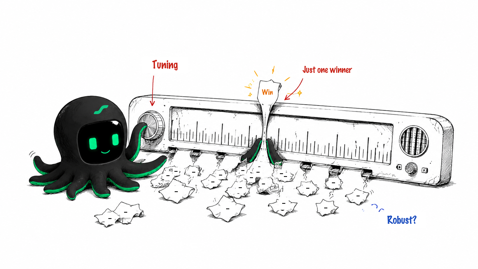 EdgePilot mascot turns a tuning dial: one winning setting stands above many losing trials.