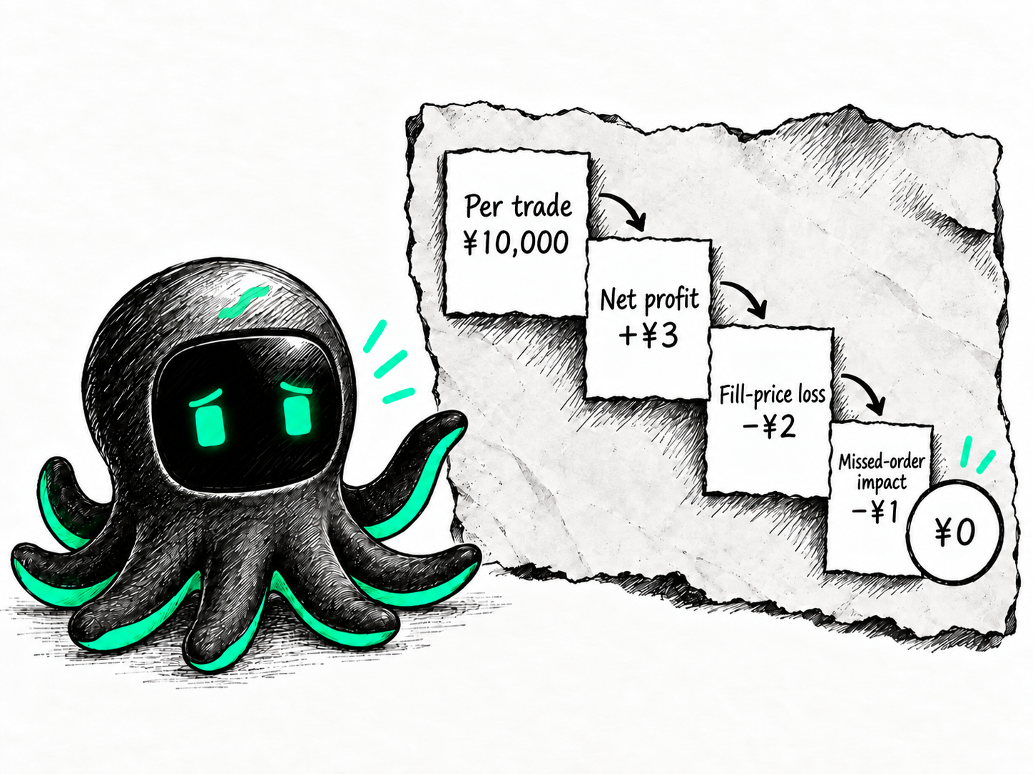 Hand-drawn Octobot showing how a CNY 10,000 trade's CNY 3 net profit is reduced to zero by a CNY 2 fill-price loss and a separate CNY 1 missed-order impact.