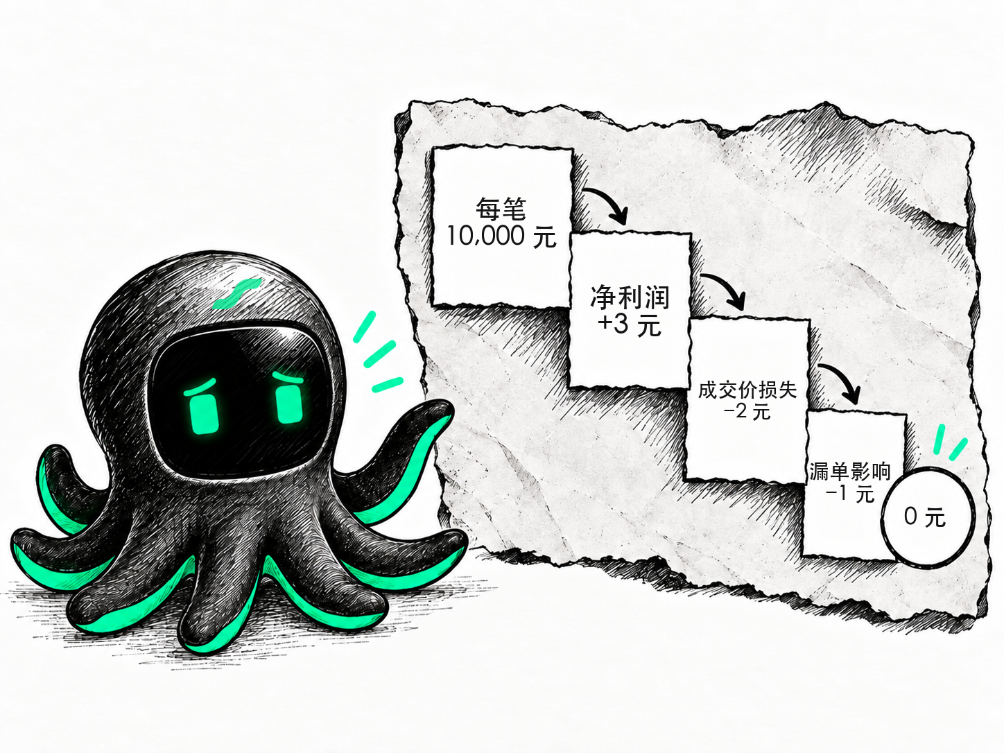 手绘八爪鱼展示每笔 10,000 元交易的 3 元净利润，被 2 元成交价损失和 1 元漏单影响逐步抵消为 0 元