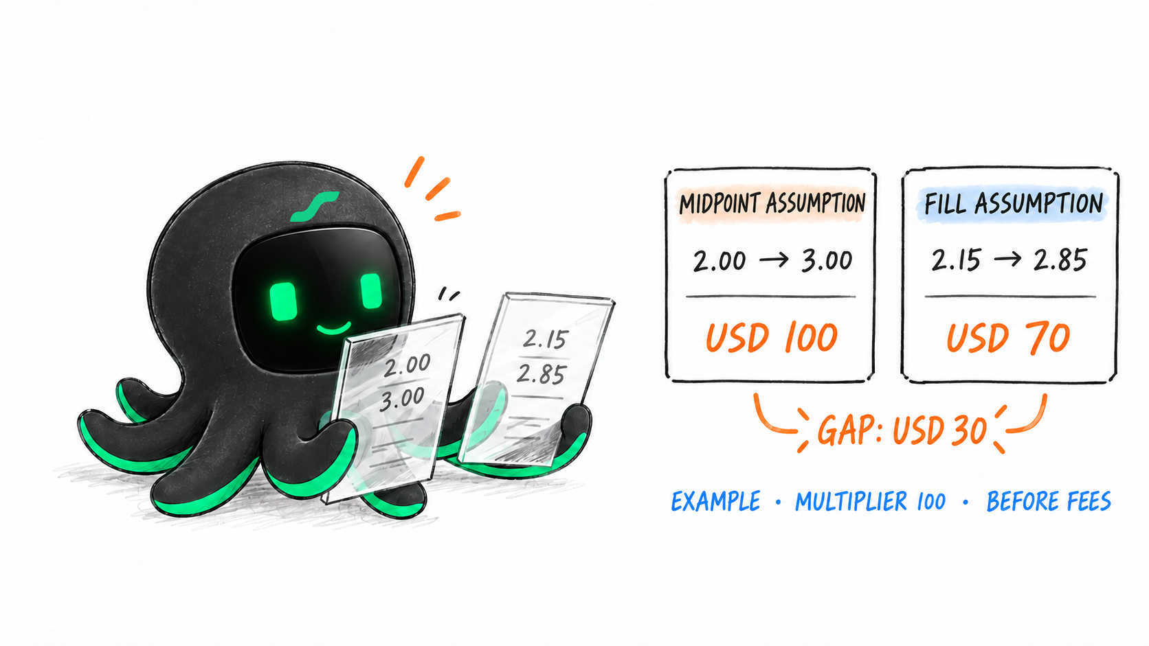 Changing only the assumed fills takes gross profit from USD 100 to USD 70. Illustrative example, before fees.