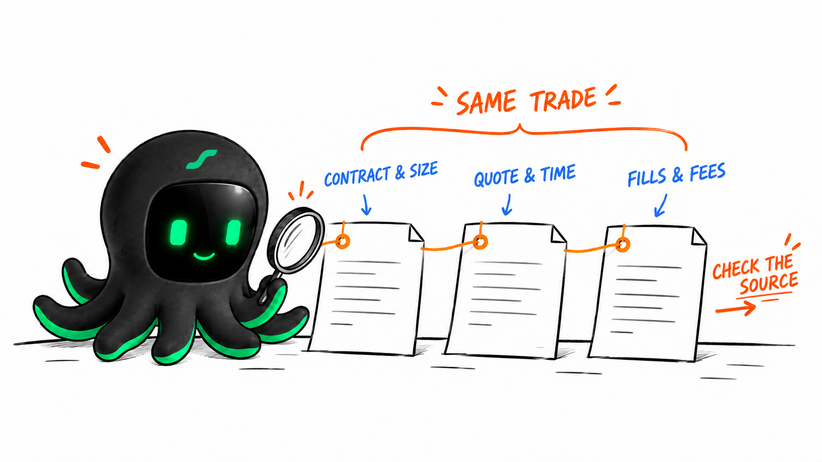 Match contract details, quotes, fills, and fees to the same trade, then check the source records.