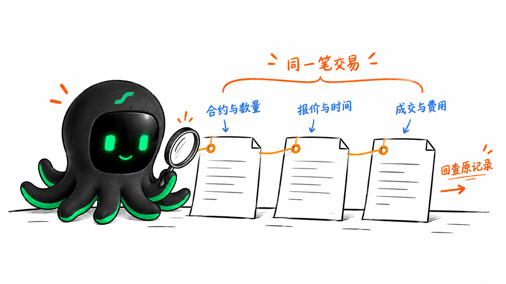 把合约、报价、成交和费用串回同一笔交易，再用分析结论回查原记录。
