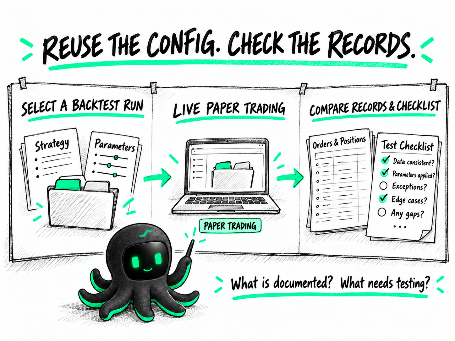 Compare a saved backtest configuration with paper-run records and a test checklist