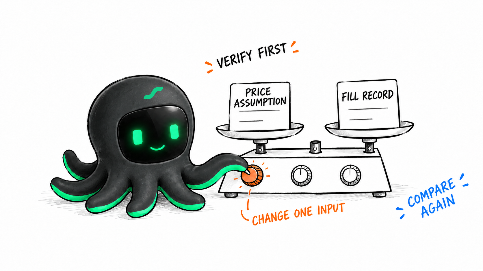 Verify pricing assumptions against fill records. Change one supported input, then compare again.