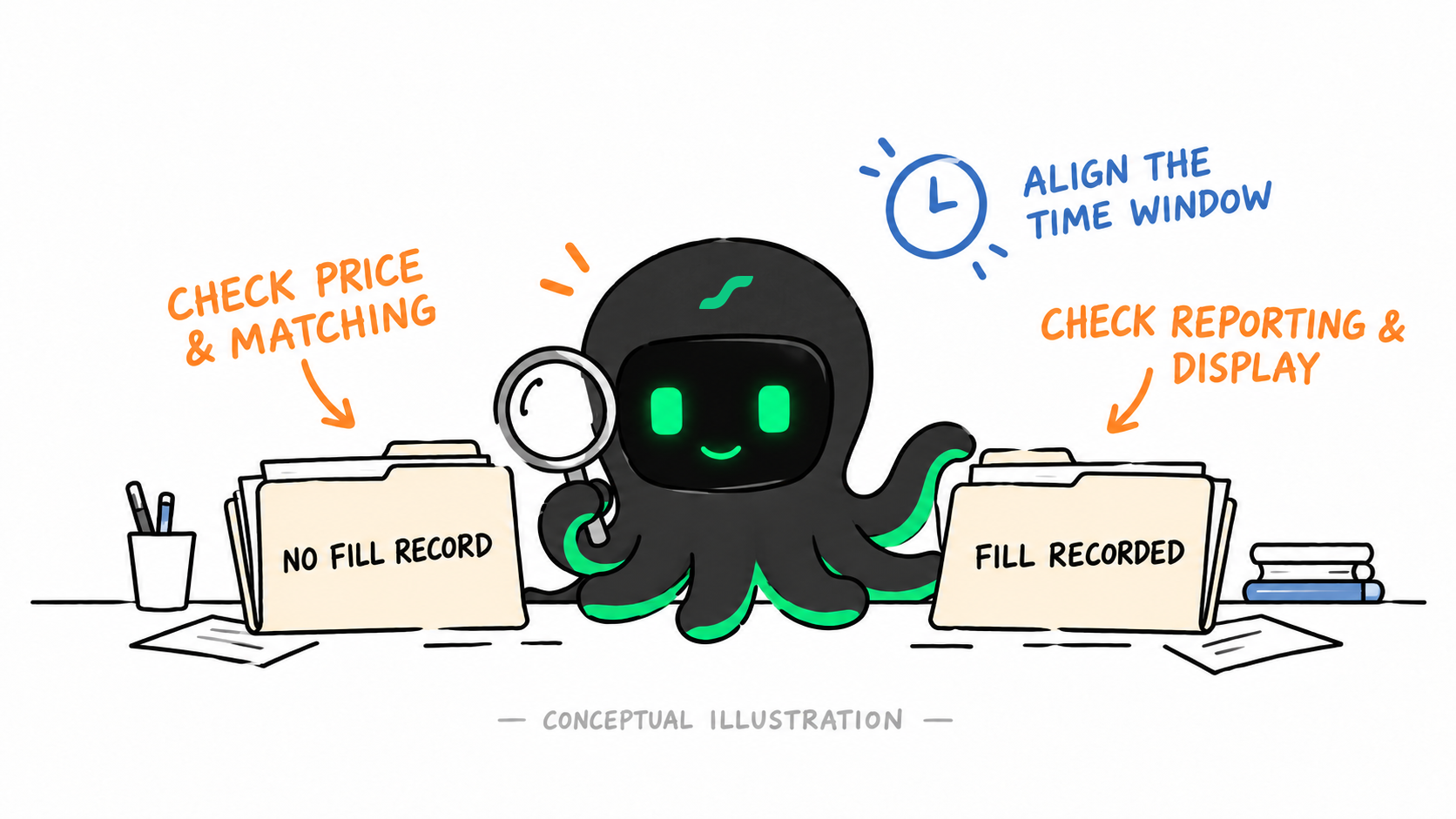 Conceptual illustration: without a fill record, check price and matching; with a recorded fill, check reporting and display. Align the time window.
