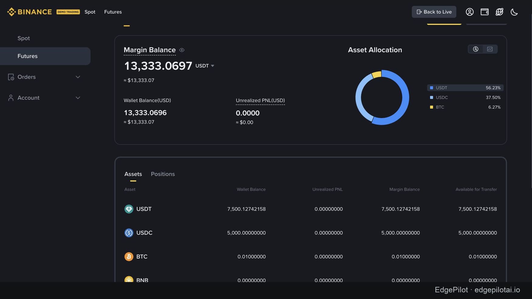 Binance Demo futures account showing balance, asset allocation and the Positions tab