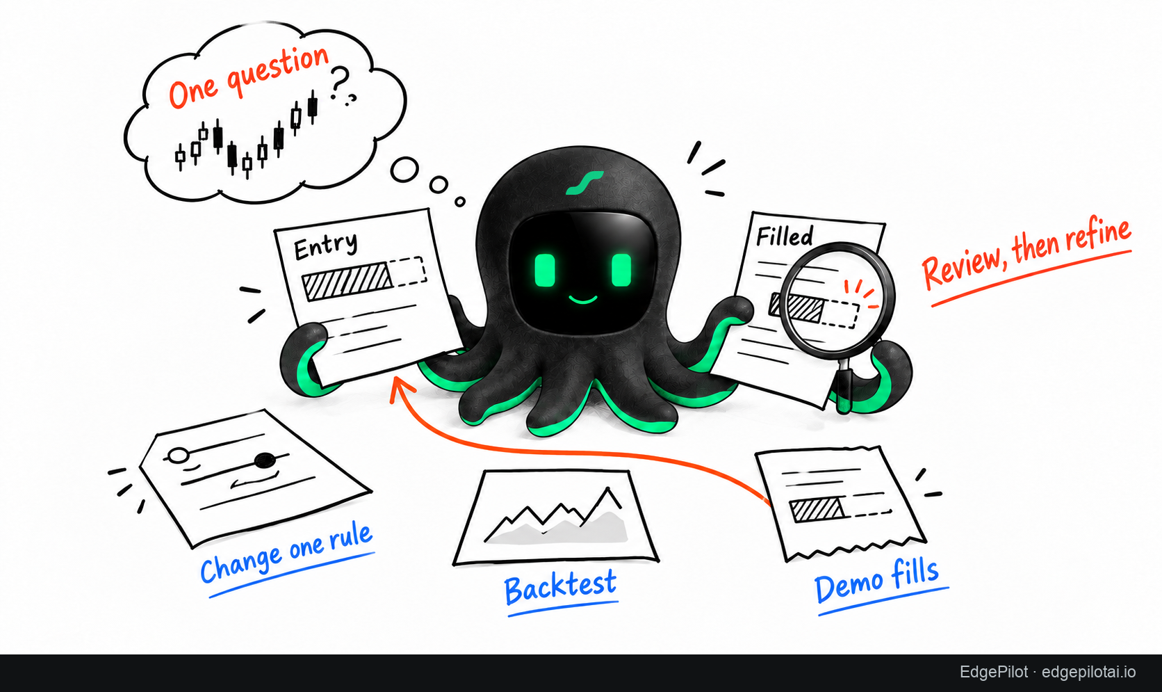 Start with one question, change one rule, then inspect the backtest and demo-fill records.