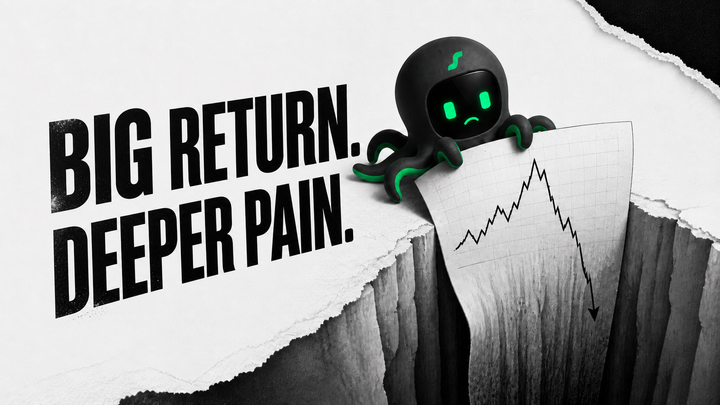 A torn-paper cover where a high-return trophy stands above a deep crack as the black EdgePilot Octobot warns against judging a strategy by return alone.