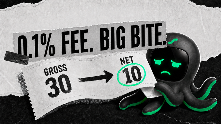 A disappointed black EdgePilot Octobot watches a 30 USDT gross profit shrink to 10 USDT after two 0.1% trading fees.