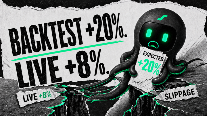 A distressed black EdgePilot Octobot compares a backtest gain of 20 percent with a live result of 8 percent after slippage.