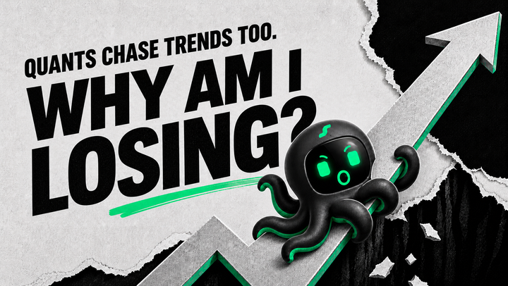 Quants chase trends too—an alarmed EdgePilot Octobot is pulled toward a torn-paper drop by an upward arrow.