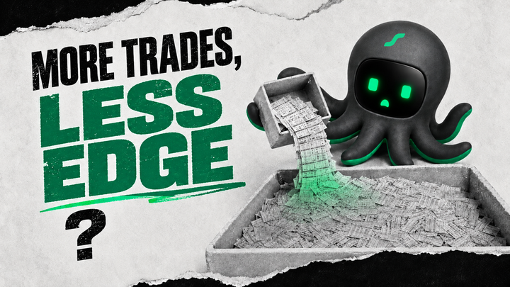 Pilo pours a growing pile of trade records into a box beside the question More Trades, Less Edge?