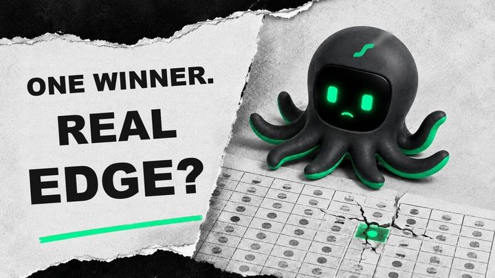 One winner. Real edge? The EdgePilot mascot examines a cracked grid with a single highlighted parameter result.