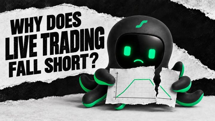Options backtest versus actual execution: an EdgePilot robot holds a torn profit diagram.