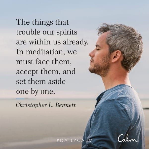 Quote from Daily calm that states: "The things that trouble our spirits are within us already. In meditation, we must face them, accept them, and set them aside one by one.