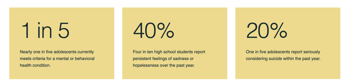 1-in-5 youth meet criteria for a mental health condition, 40% of highschool students report feeling hopeless/sadness. 20%, 1-in-5 adolescents considered suicide in the past year.