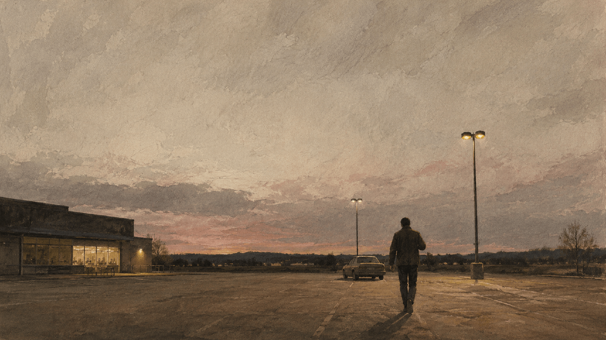 A solitary figure walks through a quiet dusk parking lot toward a parked car, beneath pale service lights and a vast muted sky with soft rose-gray clouds.