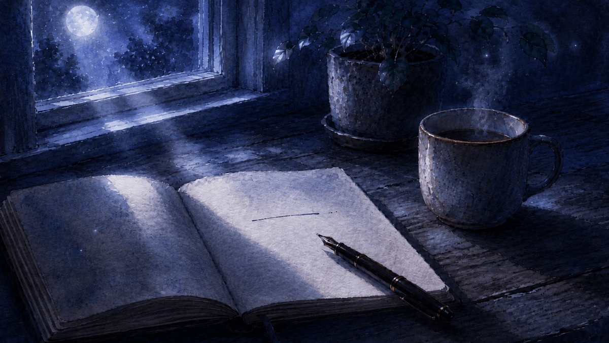 Moonlit watercolor scene of an open notebook with a single line, fountain pen, steaming mug, and potted plant on a wooden desk beneath a crescent moonlit window.