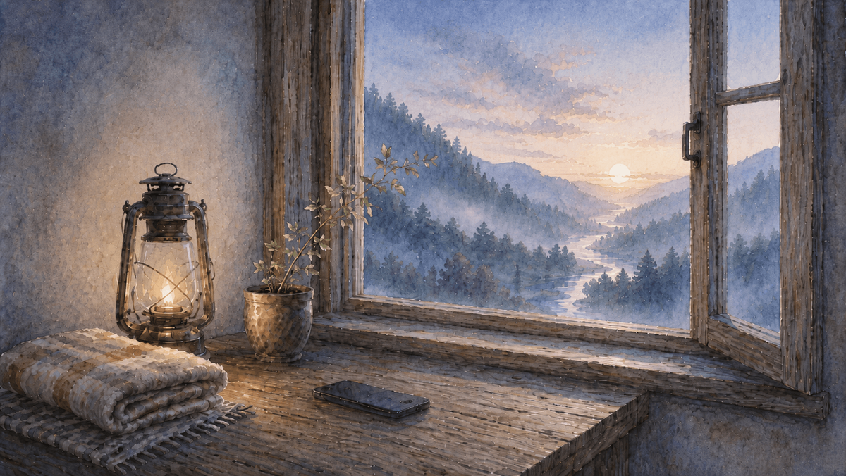 Watercolor of a lantern-lit wooden table with folded blanket, face-down phone, and potted plant beside an open window overlooking a soft sunrise valley.