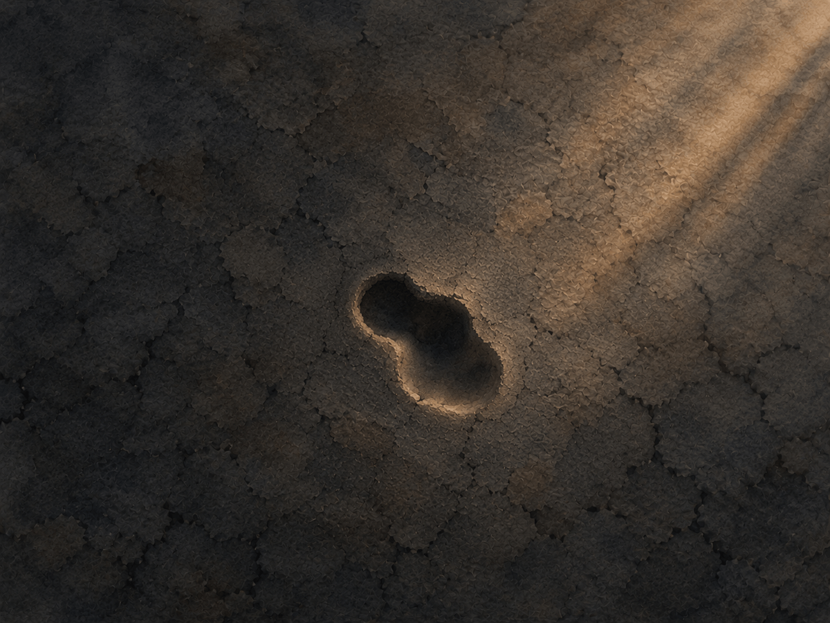 Solid clay ground, mostly dark with a hint of light, with a random shaped impression in the middle of the clay.