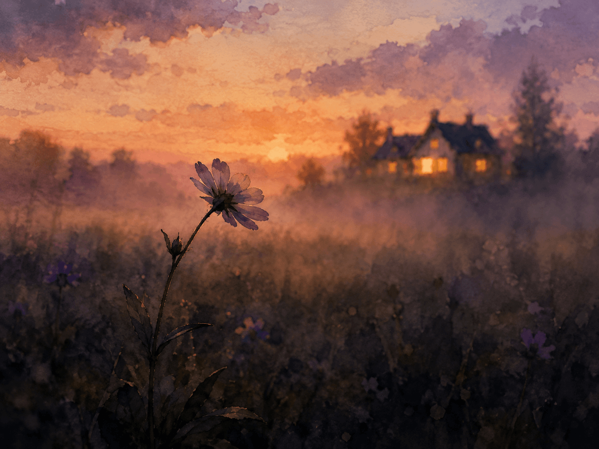 A lone wildflower stands in foreground shadow, turned toward a softly glowing house in the hazy dusk distance. Warm watercolor light, blurred trees, tender sense of longing.
