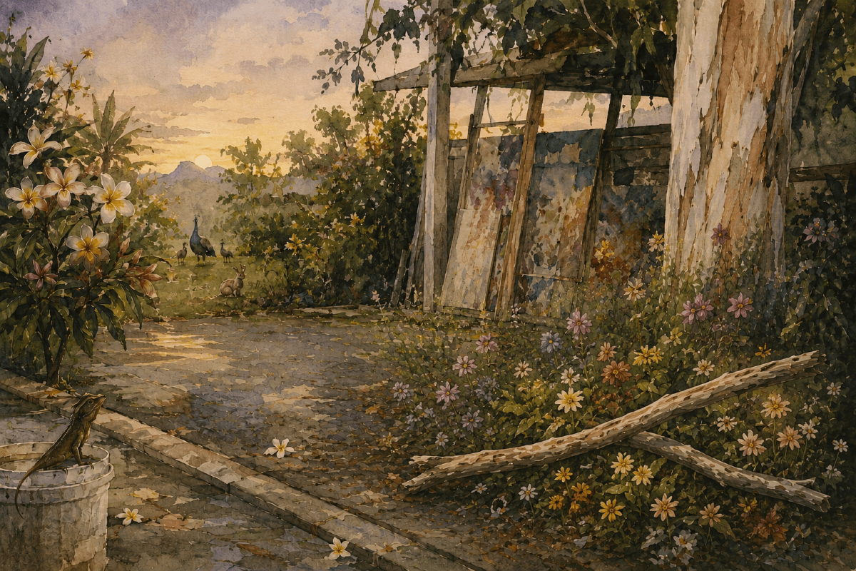 Watercolor landscape portrait of eucalyptus branches surrounded by flowers and animals. 
