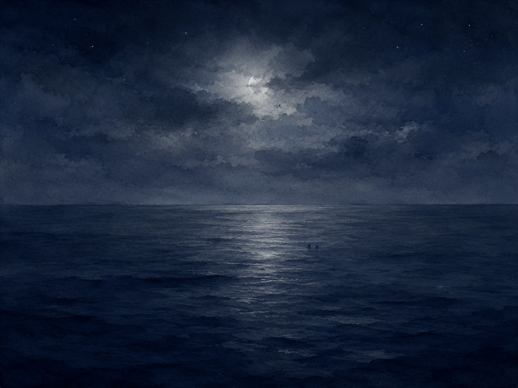 Two souls, faintly visible, deep off in a dark ocean under a shy moonlight.