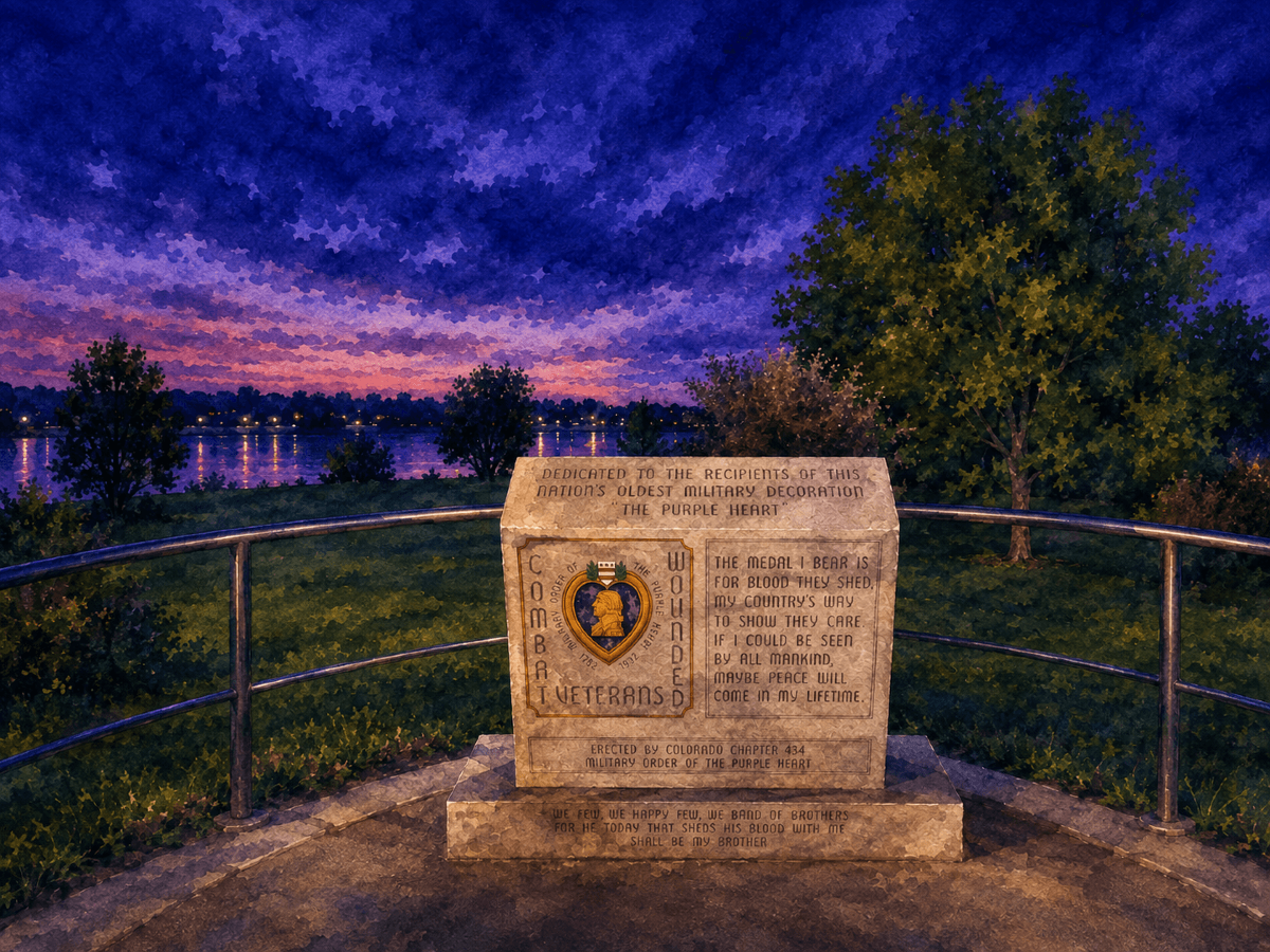Purple heart monument at desk in watercolor.