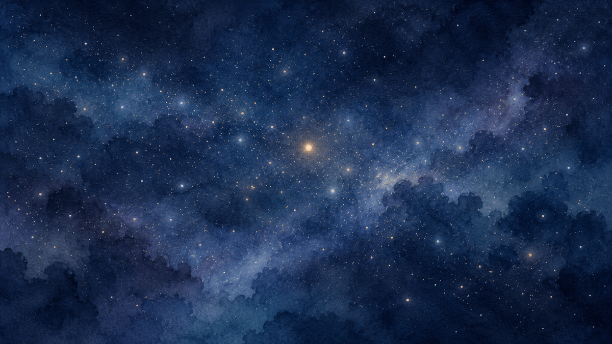 Countless tiny lights in an indigo watercolor sky, one a little warmer near the center, among the rest.