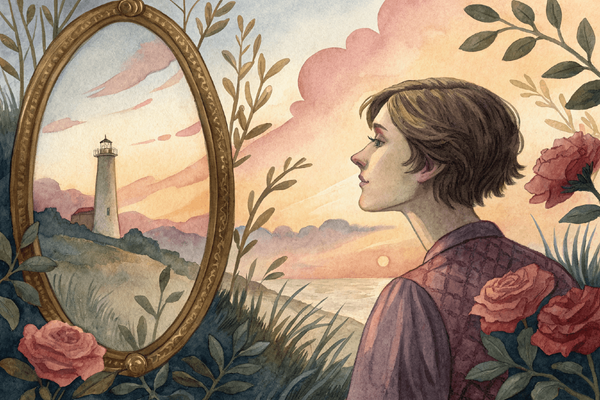 Ambiguous human figure looking into a tilted mirror near the seaside, roses surrounding, lighthouse in the tilted reflection.