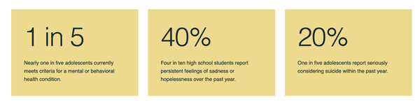 1-in-5 youth meet criteria for a mental health condition, 40% of highschool students report feeling hopeless/sadness. 20%, 1-in-5 adolescents considered suicide in the past year.