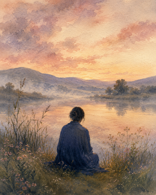 A solitary figure in an indigo wrap sits from behind at the edge of a still pond at dawn.