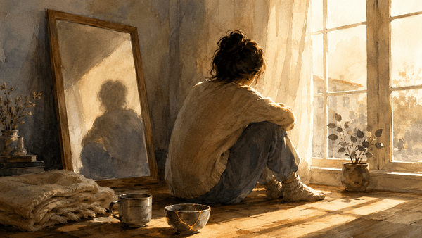 Watercolor of a person seated by a sunlit window, seen mostly from behind, quietly reflecting beside a mirror, potted plant, mug, and mended bowl in a warm room.