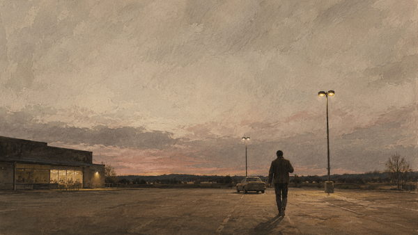 A solitary figure walks through a quiet dusk parking lot toward a parked car, beneath pale service lights and a vast muted sky with soft rose-gray clouds.
