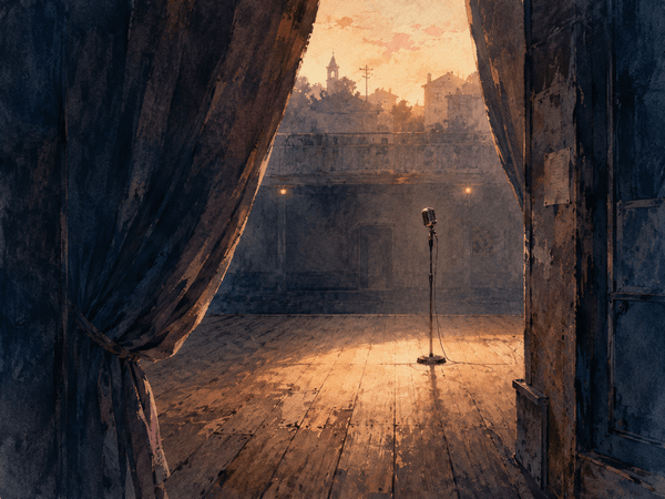Watercolor of an empty stage at dawn, curtains pulled back around a single microphone in warm light, suggesting the quiet courage of becoming visible and letting one’s voice be heard.